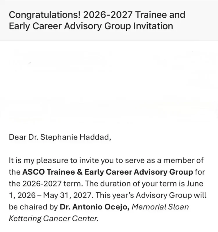 Stephanie Haddad: Honored to Serve on ASCO Trainee and Early Career Advisory Group (TECAG)