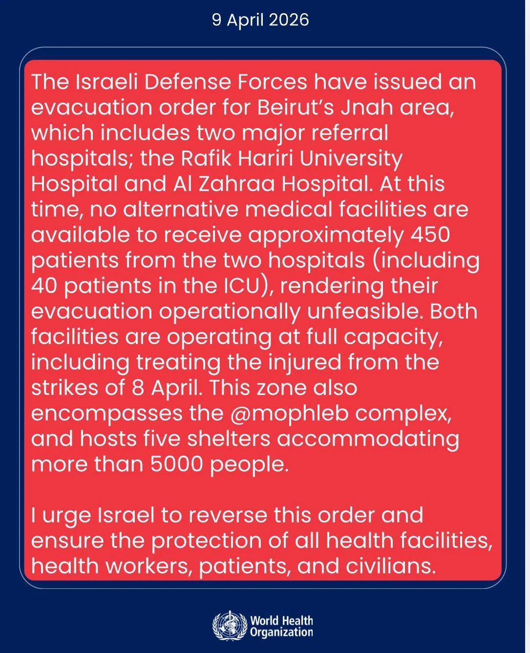 Tedros Adhanom Ghebreyesus: Ensure the Protection of all Health Facilities, Health Workers, Patients and Civilians