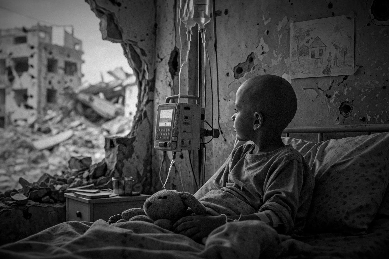 Child receiving chemotherapy in a bombed hospital ward