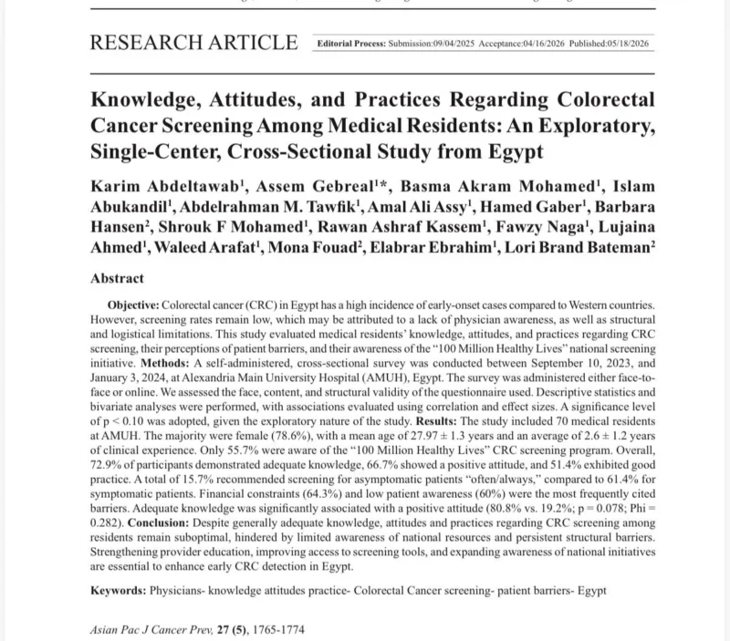 Waleed Arafat: Colorectal Cancer Screening Practices Among Medical Residents in Egypt 2 Waleed Arafat