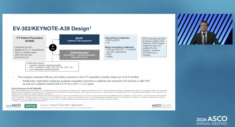 EV-302 at ASCO 2026: 3.5-Year Follow-Up Confirms Long-Term Benefit of EV Plus Pembro in la/mUC 2 EV-302 study design
