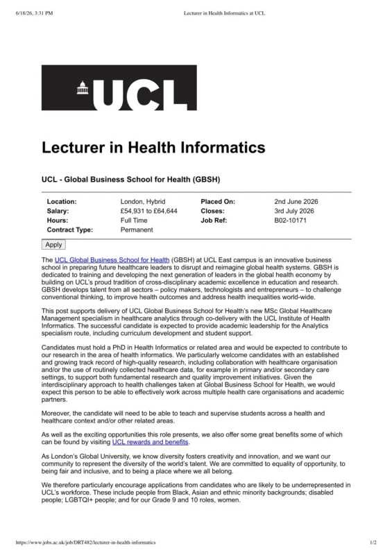 UCL's Global Business School for Health is Hiring a Lecturer in Health Informatics - GHO 2 Global Health Otherwise (GHO)
