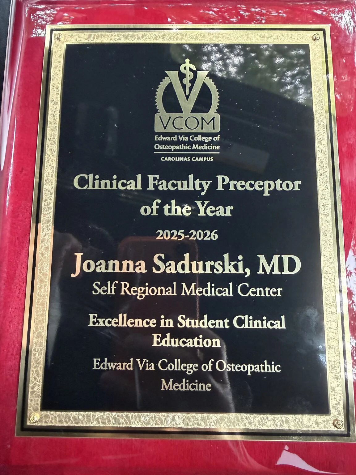 Joanna Metzner-Sadurski: Honored to Receive the VCOM Preceptor of the Year Award