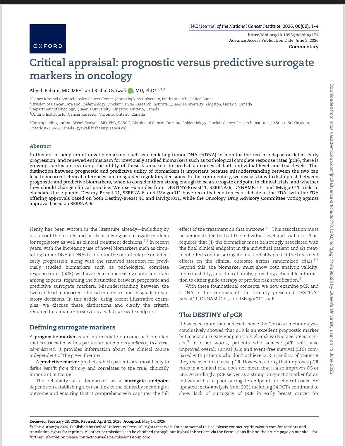 Bishal Gyawali: Full Text of the Prognostic vs Predictive Biomarkers in Oncology Paper