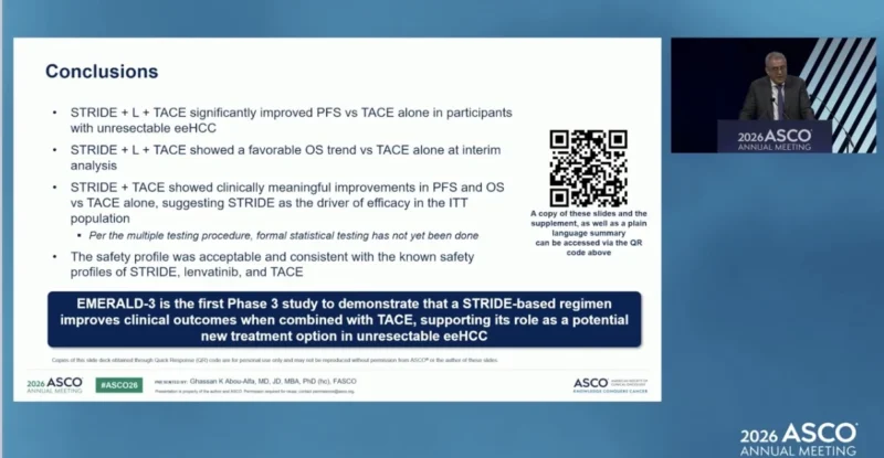 EMERALD-3 at ASCO 2026: STRIDE With or Without Lenvatinib Plus TACE in Unresectable Embolization-Eligible HCC 5 EMERALD-3 takeaway
