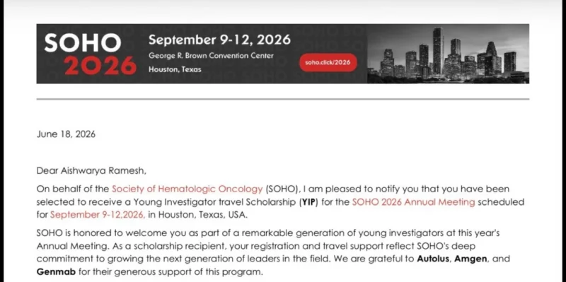 Aishwarya Ramesh: Delighted to Receive the 2026 SOHO Young Investigator Travel Scholarship