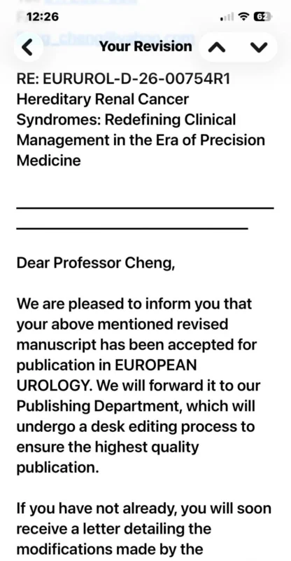 Liang Cheng: European Urology Accepts New Paper on Hereditary Renal Cancer Syndromes