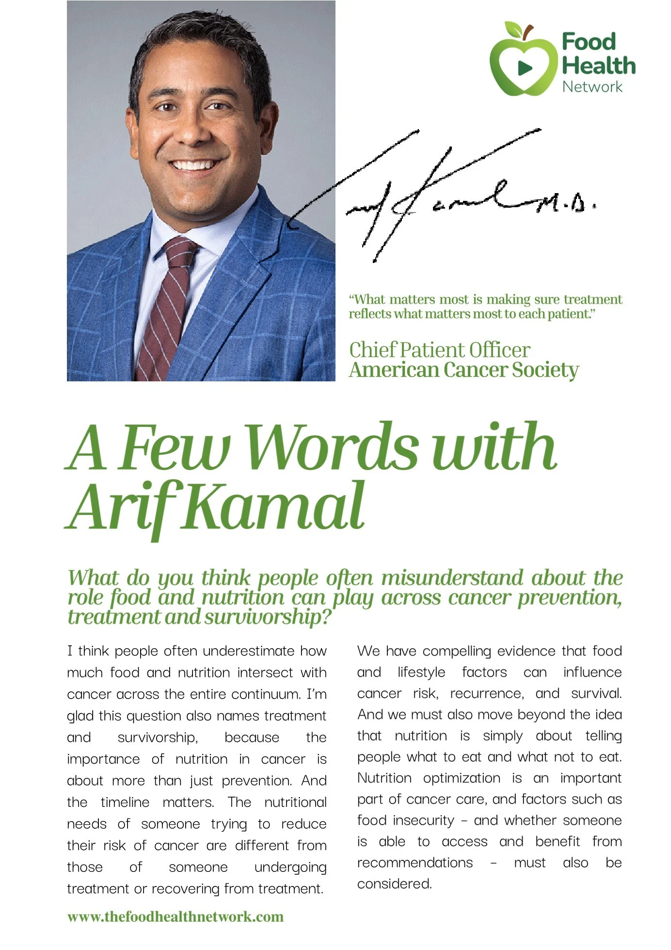 Arif Kamal: Connecting Food, Health, and Technology to Improve Cancer Care 2 Food Health Network