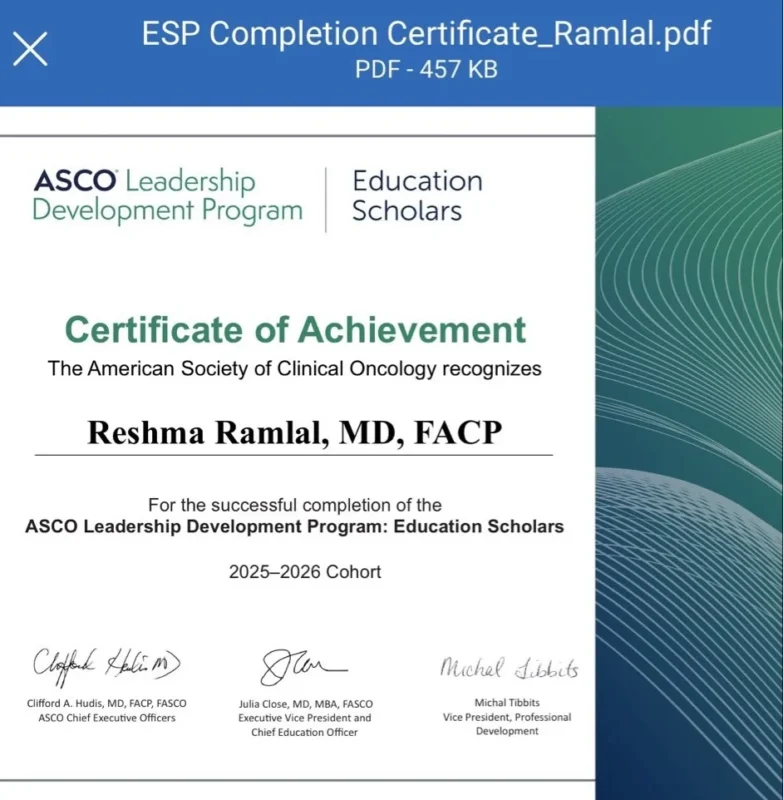 Reshma Ramlal: Honored to Complete the ASCO Leadership Development Program
