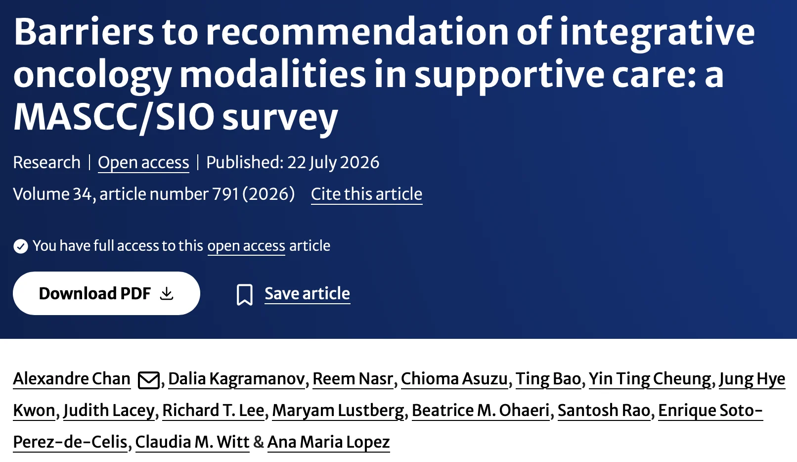 Alexandre Chan: MASCC and SIO Identify Key Barriers to Recommending Integrative Oncology Modalities in Supportive Care