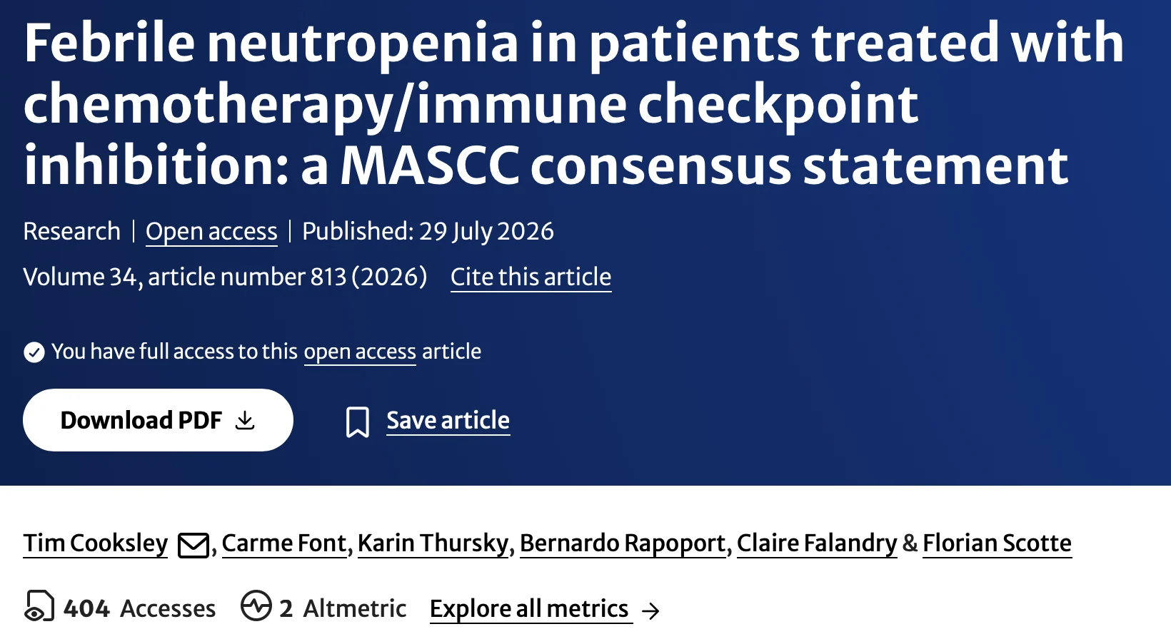New Approach for Acute Ambulatory Management of Low-Risk FN in Chemotherapy/ICI Patients – MASCC
