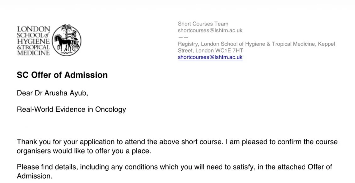 Arusha Ayub: Honored to Be Selected for the 2026 Intake of the ‘Real-World Evidence in Oncology’ Short Course 2 Arusha Ayub: Honored to Be Selected for the 2026 Intake of the ‘Real-World Evidence in Oncology’ Short Course