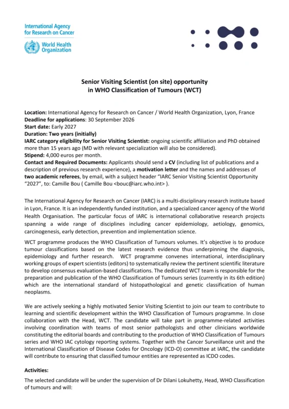 IARC Opens Applications for Senior Visiting Scientist Position 2 IARC Opens Applications for Senior Visiting Scientist Position