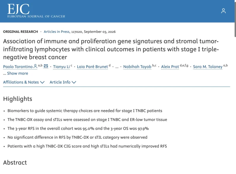 Immune signatures and sTILs showed favorable prognostic trends in stage I TNBC, while high proliferation was linked to numerically poorer outcomes.