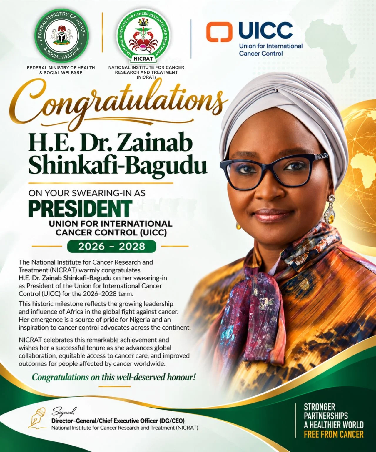 NICRAT Congratulates Zainab Shinkafi-Bagudu on Becoming UICC President for 2026–2028