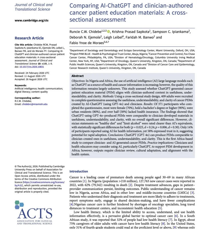 Runcie Chidebe: Can AI-Generated Cancer Education Materials Match Clinician-Authored Content in Nigeria?