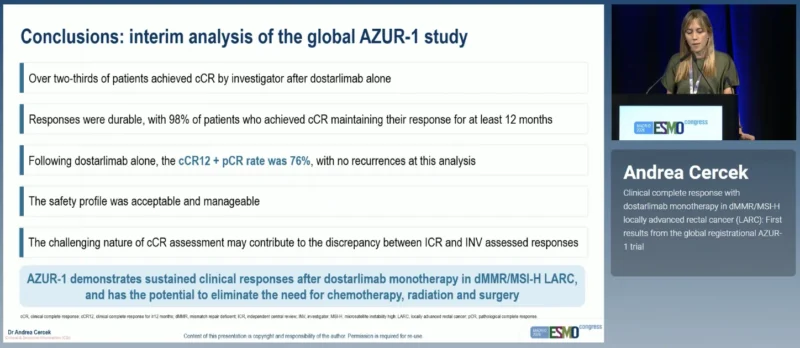 AZUR-1 at ESMO 2026: Dostarlimab monotherapy in dMMR/MSI-H Locally Advanced Rectal Cancer 5 AZUR-1 takeaway