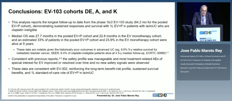 Phase Ib/II EV-103 at ESMO 2026: Long-Term Outcomes With Enfortumab Vedotin Plus Pembrolizumab in Advanced Urothelial Carcinoma 5 EV-103 takeaway