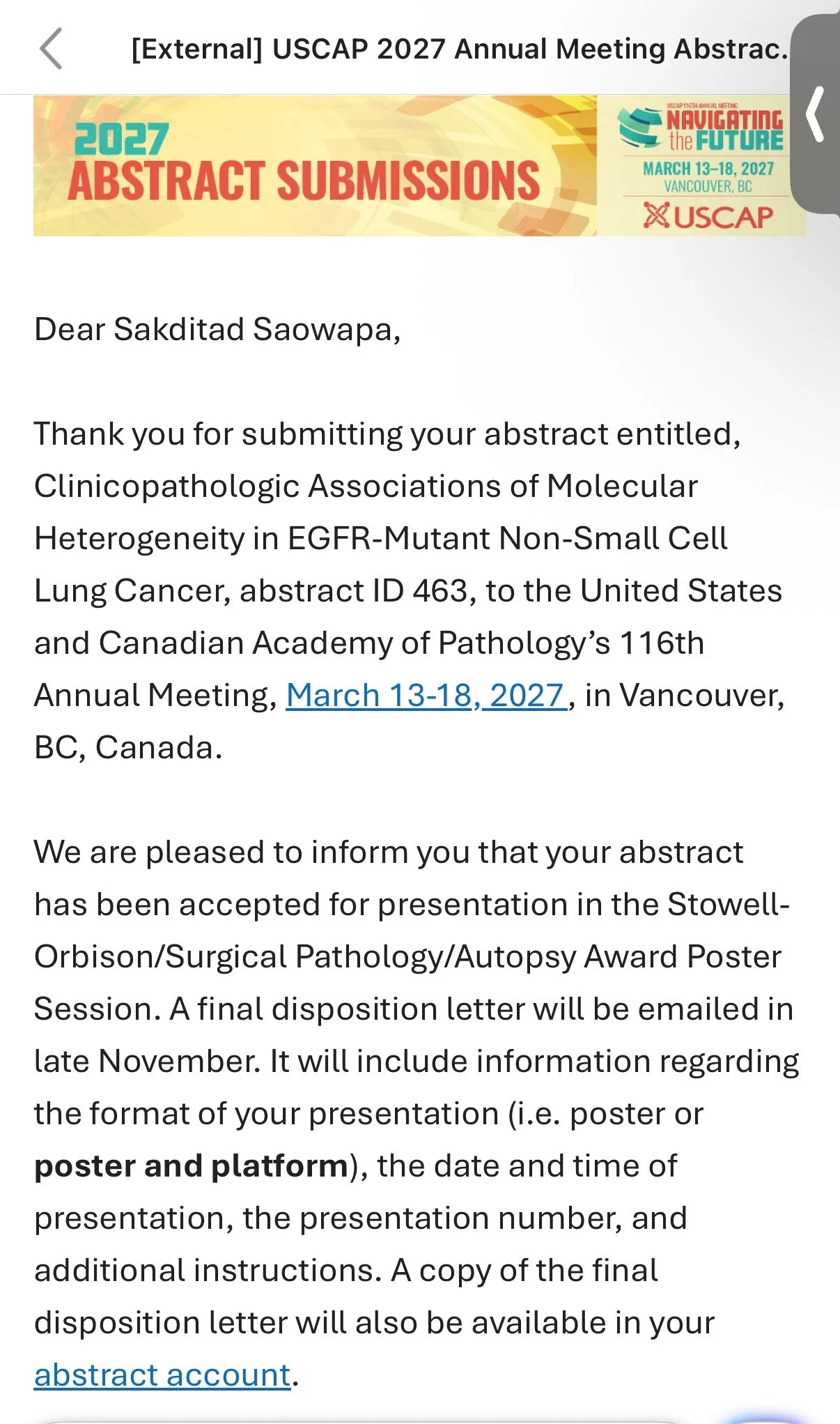 Sakditad Saowapa: Our Abstract on Molecular Heterogeneity in EGFR-Mutant NSCLC Accepted for USCAP 2027