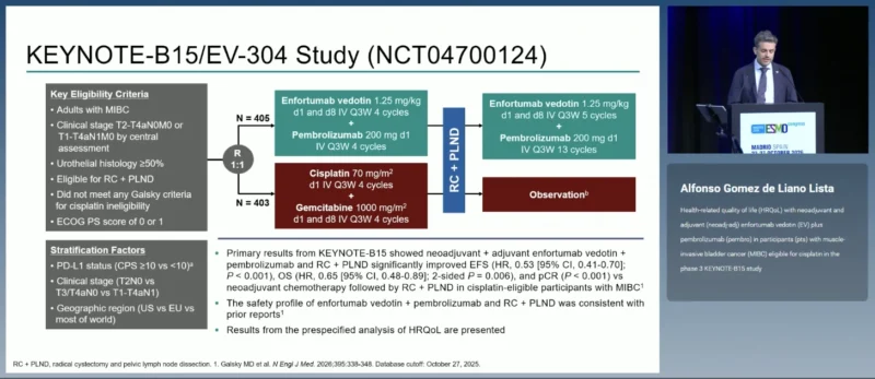KEYNOTE-B15/EV-304 at ESMO 2026: HRQoL With Enfortumab Vedotin Plus Pembrolizumab in MIBC 2 KEYNOTE-B15 design