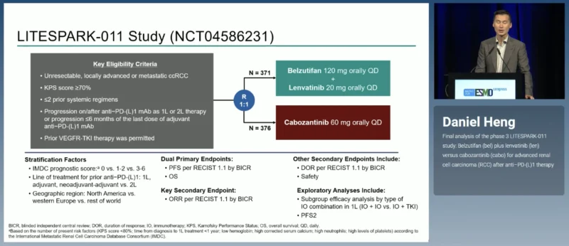 LITESPARK-011 at ESMO 2026: Final Analysis of Belzutifan Plus Lenvatinib Versus Cabozantinib in Advanced RCC 3 LITESPARK-011 design