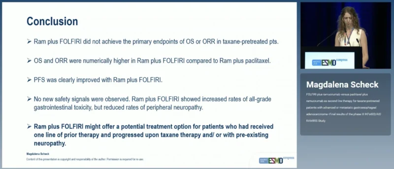 RAMIRIS Trial at ESMO 2026: FOLFIRI Plus Ramucirumab Versus Paclitaxel Plus Ramucirumab in Advanced Gastroesophageal Adenocarcinoma 5 RAMIRIS takeaway