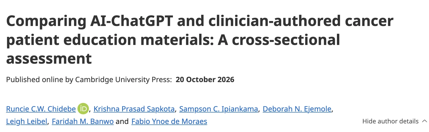 Runcie Chidebe: Comparing ChatGPT-Generated and Clinician-Authored Cancer PEMs in Nigeria