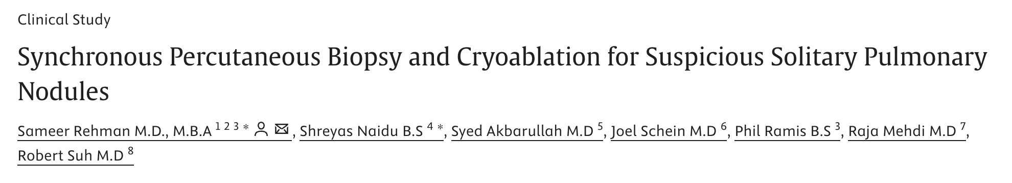 Sameer Rehman: Favorable Outcomes With Synchronous Biopsy and Cryoablation for Suspicious Pulmonary Nodules